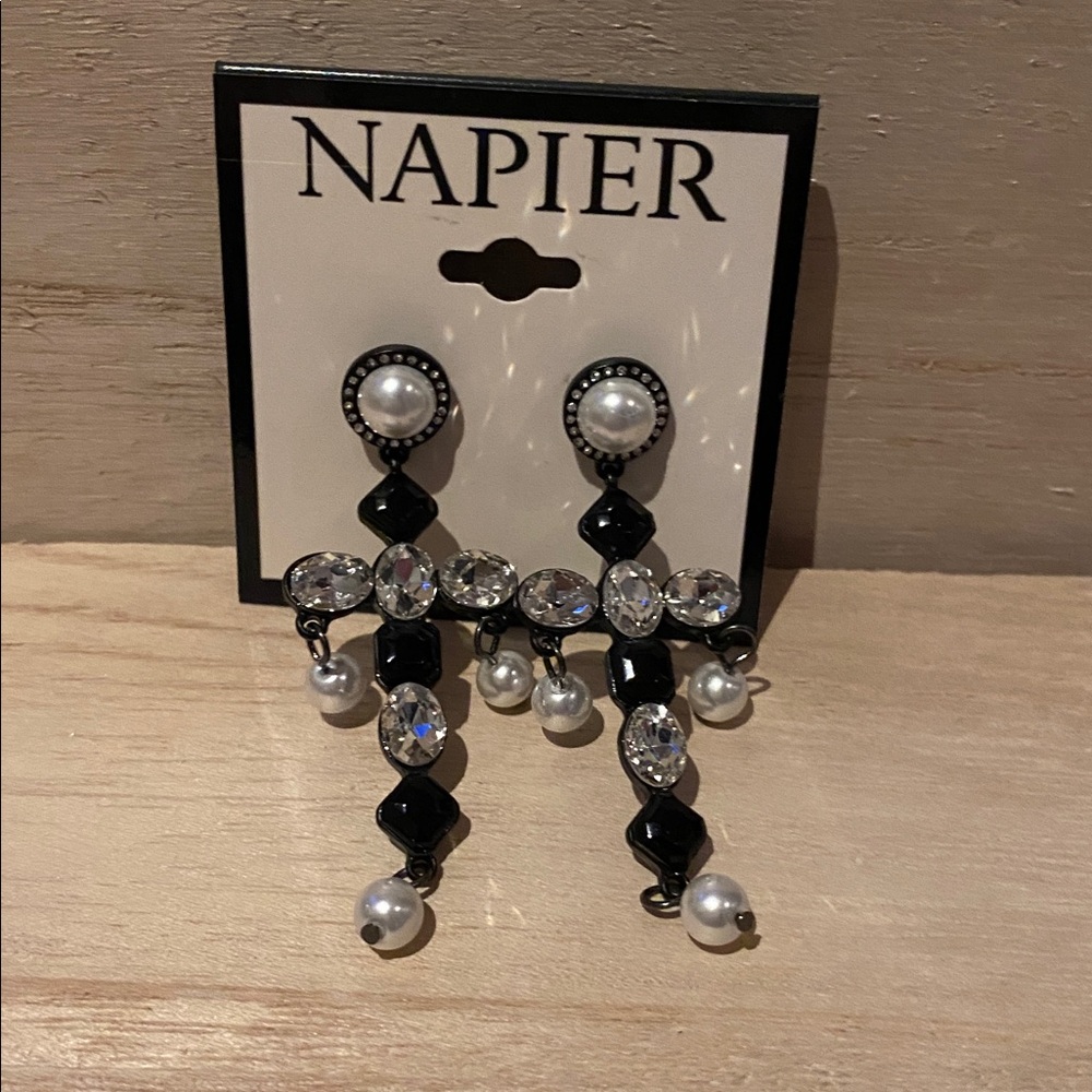 Napier Black and Silver Pearl Dangle Cross Earrings
